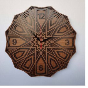 May include: A wooden wall clock with a geometric design. The clock face is brown with black accents and features Roman numerals for the hours. The clock hands are black.