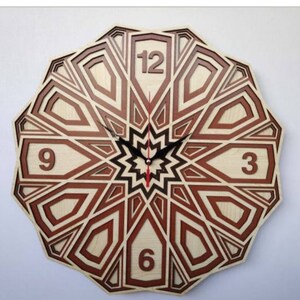 May include: A wooden wall clock with a geometric design in shades of brown. The clock face features Roman numerals and black hands.