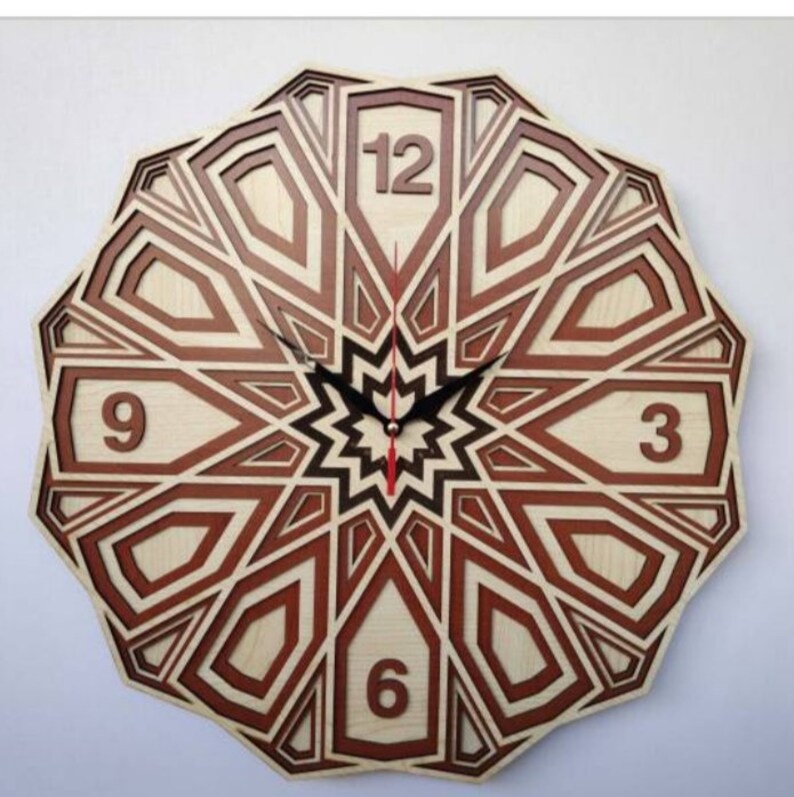May include: A wooden wall clock with a geometric design in shades of brown. The clock face features Roman numerals and black hands.