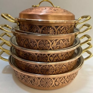 Ollas de cobre talladas a mano, Ollas de cobre para asar hechas a mano, Ollas de cobre gruesas, Ollas para cazuela talladas y grabadas a mano, Ollas hermosas