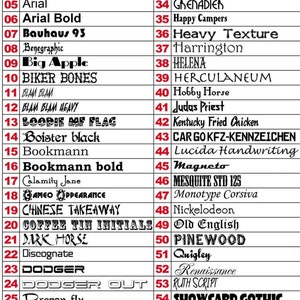 May include: A list of 58 different font names, numbered 1 through 58. The font names are in black text on a white background.