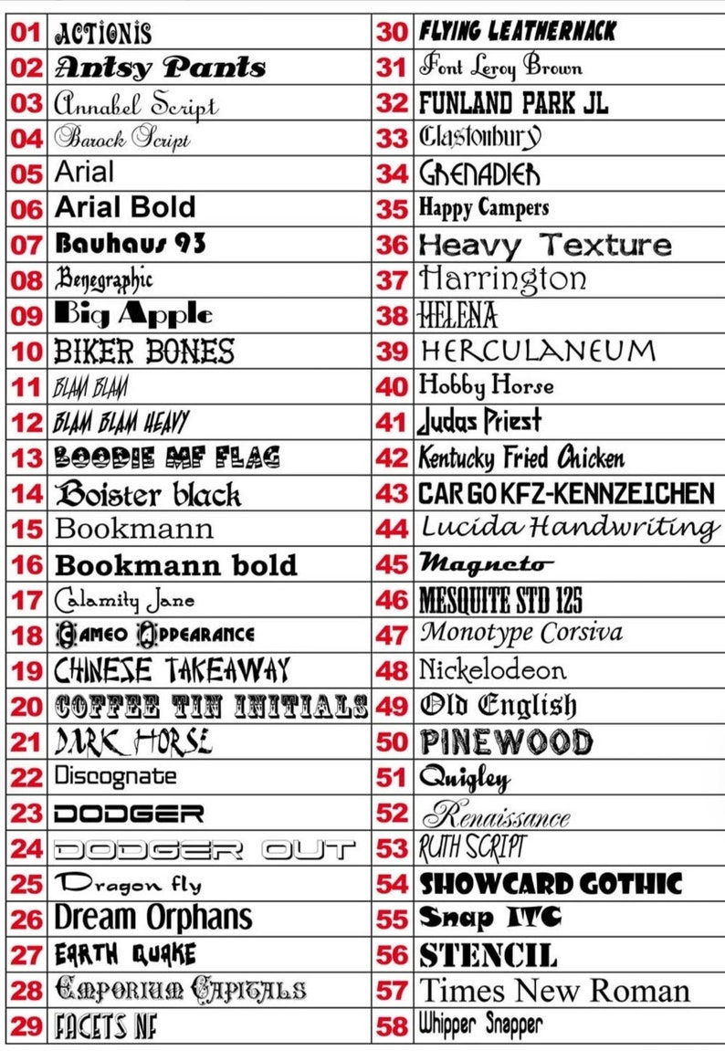 May include: A list of 58 different font names, numbered 1 through 58. The font names are in black text on a white background.