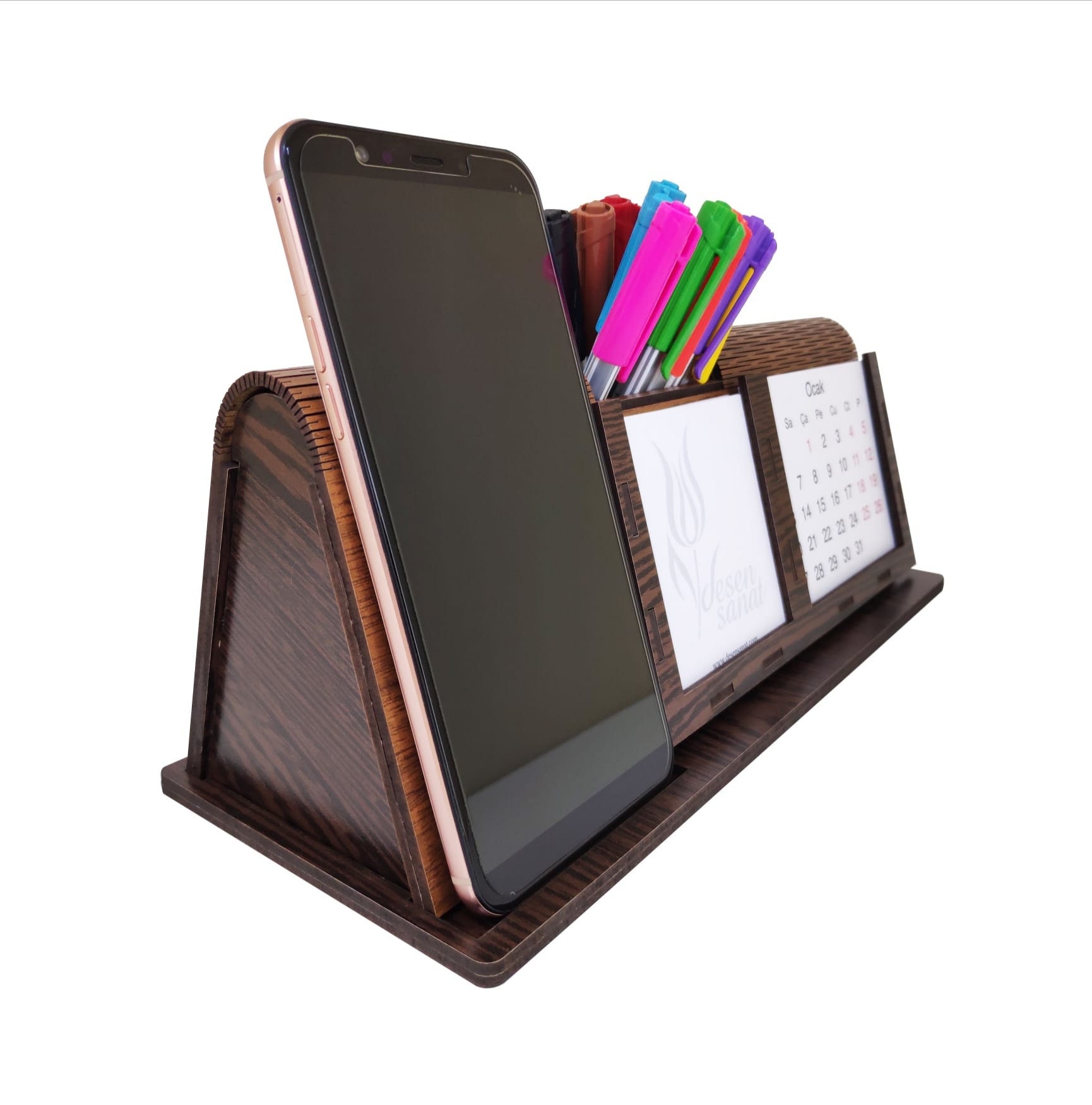 Classic Brown Wood Office Supplies Desk Organizer Rack with 3