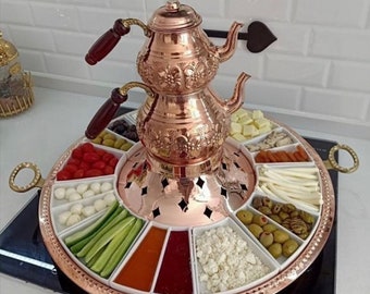 Juego de desayuno de cobre, juego de cuencos de cerámica turca, juego de aperitivos, tetera de cobre martillado hecha a mano, tetera de cobre auténtica, decoración de cocina, juego de cena