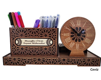Ensemble de bureau personnalisable horloge en bois, cadeau de fête des mères, porte-cartes design spécial plaque signalétique de bureau, nouveau cadeau d'affaires, ensemble d'organisateurs de bureau
