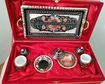 Ensemble de tasses à café en boîte cadeau,Service à café en cuivre,Ensemble de 2 tasses turques,Ensemble en cuivre sculpté à la main,Tasse noltalgique,Cadeau de Noël,Cadeau de mariage,Cadeau de mère