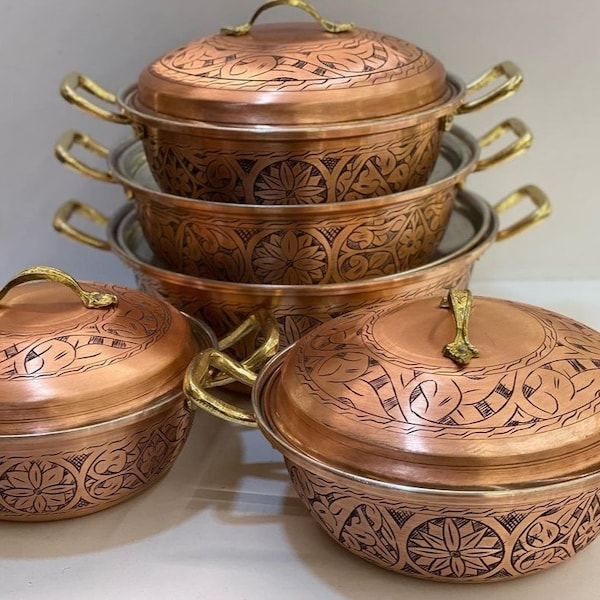 Hand Carved Copper Pots,Handmade Copper Roasting Pots,Thick Copper Pots,Hand Carved Engraved Casserole Pots,Gorgeous Pots