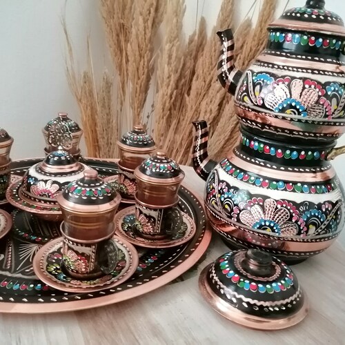 Complete Turkish Tea Set. Handmade Copper Turkish Tea Pot Tea Etsy