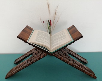 Support de lecture de livre, Bible de Rahle du Coran sculptée en noyer, Torah, Coran. Cadeau de la Saint-Valentin, Décoration bohème pliante en bois sculpté Cadeau « Fête des pères »