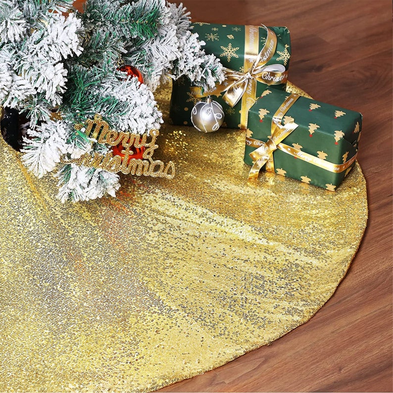 Gold Christmas Tree Skirt Small Tree Skirt Sequin Fabric Xmas Etsy
