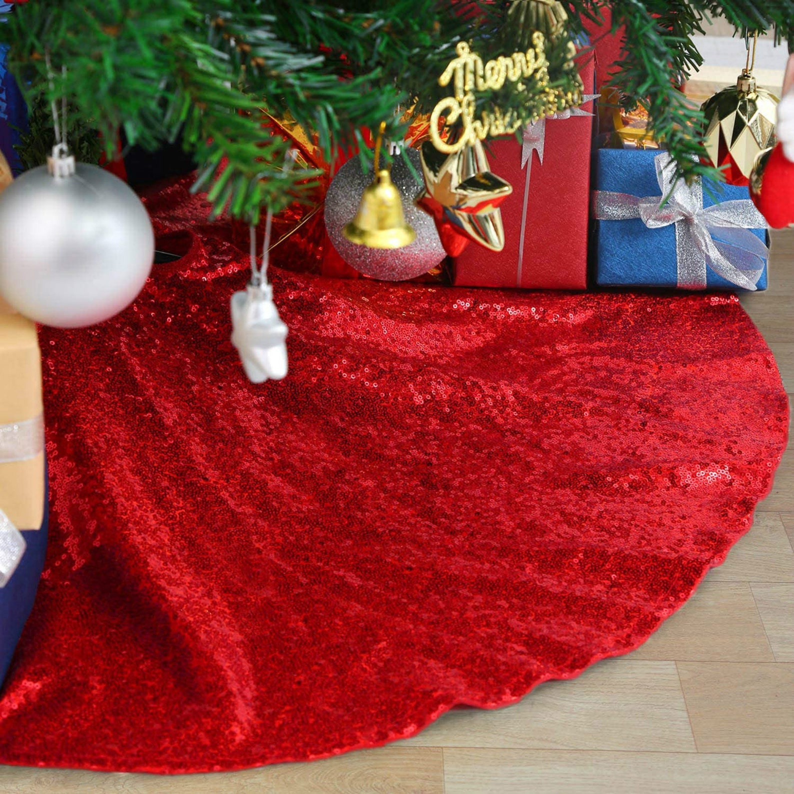 Doreenbow 48 Inch Christmas Tree Skirt Red Sequin Xmas Tree Skirts Faux