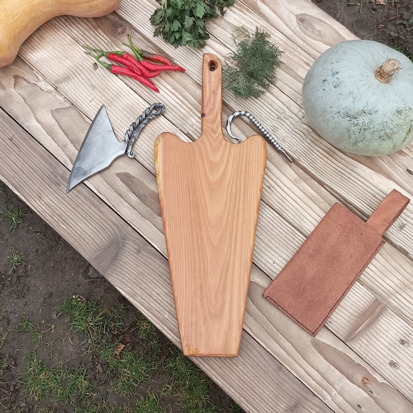 Unique European Larch Cutting Board And Forged Herb Chopper, Cottagecore Herb Set, Larch Cutting Board,Forged Chopper + Wall Hook and Sheath