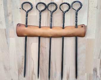 Hand Forged BBQ Needle Set, 5pcs. Barbecue Needle Set, Set Of Five Barbecue Needles With Leather Hanging Strap