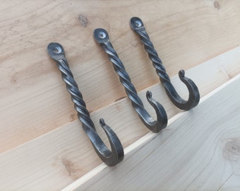 Hand Forged Heavy Duty Twisted Hooks, Decorative Forged Blacksmith Made Hooks, Strong Decorated Coat Hooks,Hand Forged Twisted Grooved Hooks