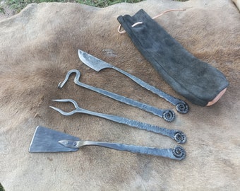 Four Piece Forged Grill Set, Handmade BBQ Tools, Decorated Grill Utensils, Hand Forged Grill Tools,Outdoor Grilling,Forged iron Grill Tools