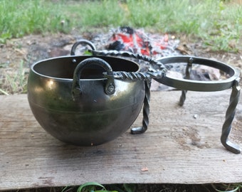 Small Hand Forged Kettle, Portable Hiking Cauldron, Mini Witchcraft Kettle, Hand Forged Bowl Kettle, Portable Kettle Set, Small Cauldron Set