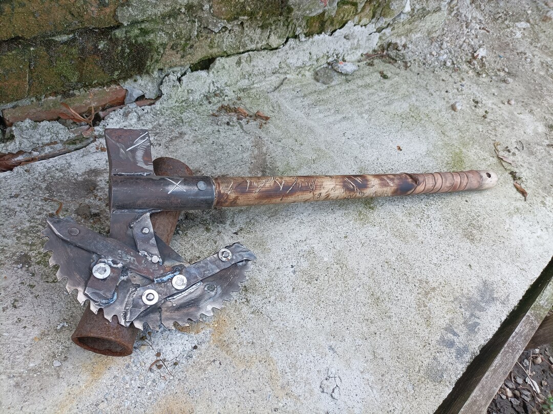 Postapocalyptic Saw Axe, Raider Saw Axe, Sawblade Raider Axe, Salvaged
