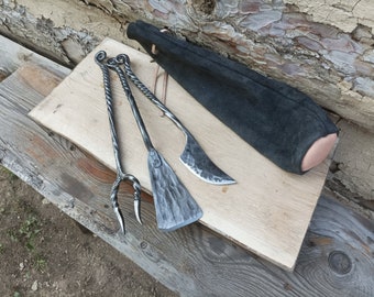 Three Piece Grill Set, Forged BBQ Tools, Decorated Grill Utensils, Hand Forged Grill and BBQ Tools, Outdoor Grilling, Forged Grill Tool Set