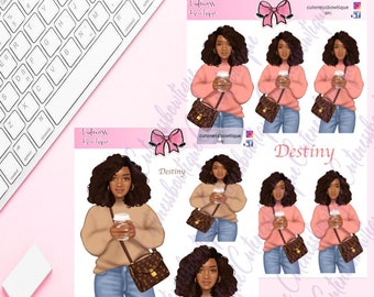 May include: A digital sticker sheet featuring illustrations of a woman with brown curly hair wearing a brown sweater, blue jeans, and a brown handbag. She is holding a cup of coffee. The sticker sheet has the text "Cuteness by Tuper" and "Destiny" on it.