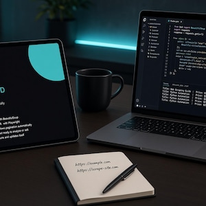 Puede incluir: Una tableta con una presentación titulada FROM ZERO TO SCRAPED, un portátil con código Python y guías de scraping, una taza negra y un cuaderno con un bolígrafo que muestra el texto https://example.com y https://scrape-site.com.