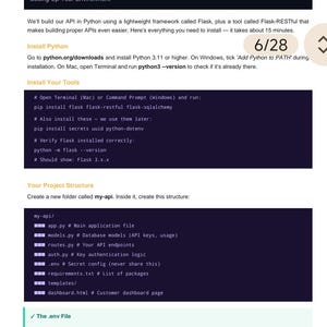K&ouml;nnte beinhalten: Eine technische Dokumentationsseite mit dem Titel Chapter 2 Setting Up Your Environment. Sie enth&auml;lt Anleitungen zur Installation von Python, Flask und Flask-RESTful, inklusive Terminalbefehlen und einer Ordnerstruktur f&uuml;r my-api.
