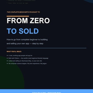 Könnte beinhalten: Ein digitaler Leitfaden mit dem Titel From Zero to Sold auf dunklem Hintergrund mit blauen und grünen Kreisen. Der Text skizziert einen Fahrplan zum Erstellen und Verkaufen von Apps mit Python, inklusive Inhaltsverzeichnis zu Programmierung und Entwicklung.