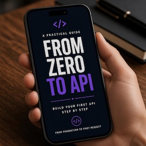 May include: A smartphone displaying a dark-themed digital guide titled A PRACTICAL GUIDE FROM ZERO TO API, featuring white and purple text, code bracket icons, and the subheadings BUILD YOUR FIRST API STEP BY STEP and FROM FOUNDATION TO FIRST REQUEST.