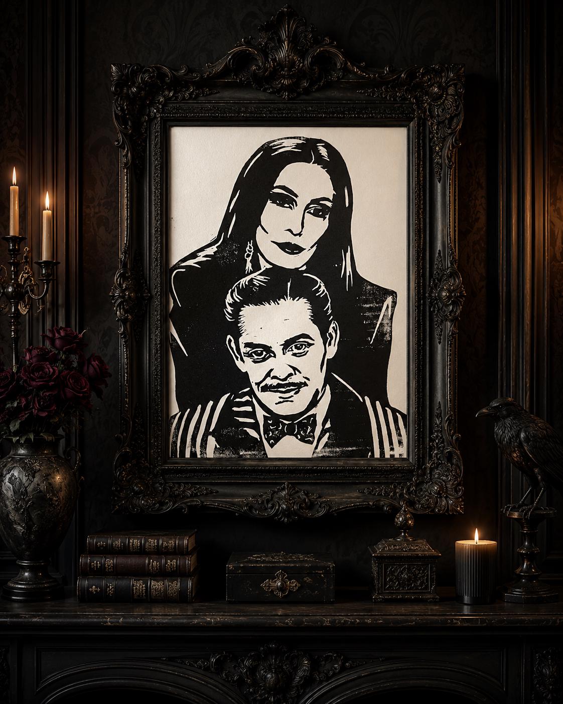 Adam's Family Inspired Linocut Print - Gothic Couple, Vintage Horror Portrait