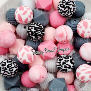Tickled Pink Silicone Bead Mix, Set of 24, Pink Leopard Bulk Mix of Silicone Beads, Silicone Beads, Beaded Pens, Keychain, Beads for Pens