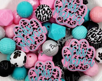 Pink Fierce Mama Silicone Bead Mix, Set of 26, (2 Pink Fur Mama Focal Beads) Dog Lover Bulk Mix, Beads for Pens, Wristlet, Keychain Lanyard