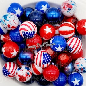 Stars & Stripes 20mm Bubblegum Beads Set of 24, Bubble Gum Beads, Acrylic Beads, Bubblegum Bead Mix, Bulk Beads, Wholesale, Red, Blue