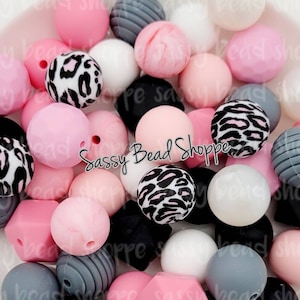 Be Sassy Silicone Bead Mix, Leopard, Pink, Black, Grey, Round, Set of 24, Bulk Mix of Silicone Beads, Silicone Beads