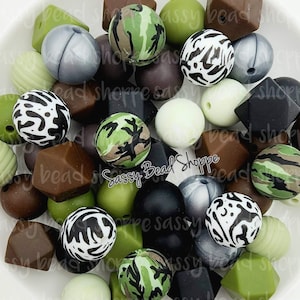 Camo Silicone Bead Mix, Grey, Army Green, Brown, Round, Set of 24, Bulk Mix of Silicone Beads, Wholesale Silicone Beads, Silicone Bead