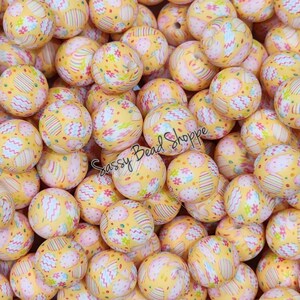 15mm Yellow Easter Egg Silicone Beads, Print Silicone Beads, Wholesale Silicone Beads, Round Loose Beads