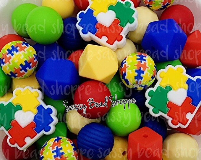 Autism Love Silicone Bead Mix, Set of 26, 2 Puzzle Piece Focal Beads