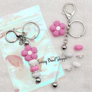 Pink Sparkle Keychain Kit, Flower Beadable Key Chain, Beaded Keychain, Focal Beads, Bubblegum Beads, Silicone Beads