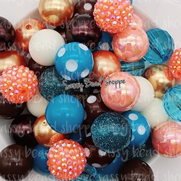 Rustic Country 20mm Bubblegum Beads Set of 24, M&M Bubbles, Peach Turquoise Bubble Gum Beads, Chunky Beads, Bubblegum Bead Mix, Bulk