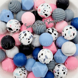 Ocean Breeze Silicone Bead Mix, Terrazo, Pink, Grey , Round, Set of 24 Bulk Mix of Silicone Beads, Wholesale Silicone Beads, Silicone Bead