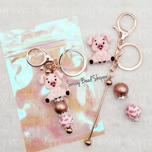 Piggy Tail Keychain Kit, Pig Beadable Key Chain, Beaded Keychain, Focal Beads, Bubblegum Beads, Silicone Beads