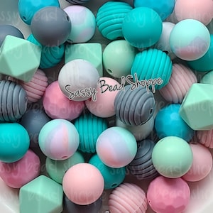 Carribean Escape Silicone Bead Mix, Mint, Pink, Round, Set of 24, Bulk Mix of Silicone Beads, Wholesale Silicone Beads, Silicone Bead