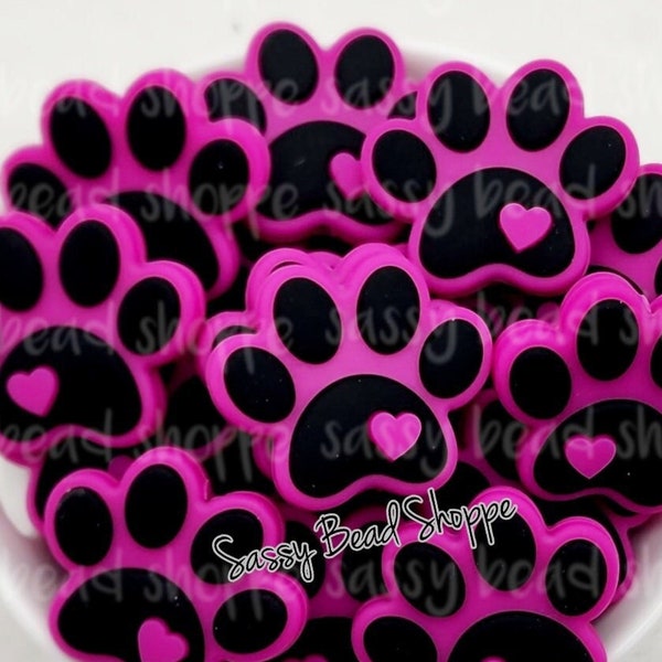 Hot Pink Paw Print Silicone Beads, Dog Lover, Cat Lover, Paw Shaped Silicone Beads, Animal Lover Focal Beads, Bulldog Beads, Focal Beads