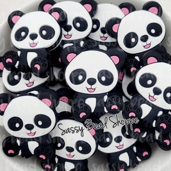 Pink Panda Bear Silicone Beads, Panda Bear Silicone Pendant, Panda Shaped Silicone Beads, Focal Beads, Panda Bear with Pink Paw Beads