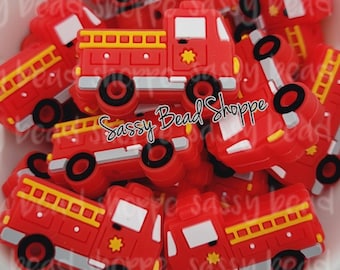 Fire Truck Silicone Beads, Firetruck Silicone Pendant,  Vehicle Silicone Beads, Focal Beads, Fireman Beads, Wholesale Silicone