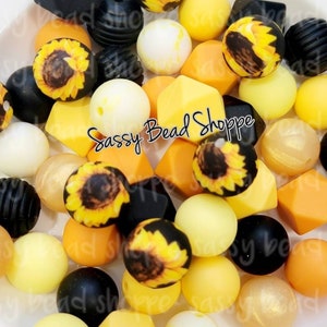 Pickin' Sunflowers Silicone Bead Mix (4 Sunflower Beads) , Round, Set of 24, Bulk Mix of Silicone Beads, Wholesale Silicone Beads