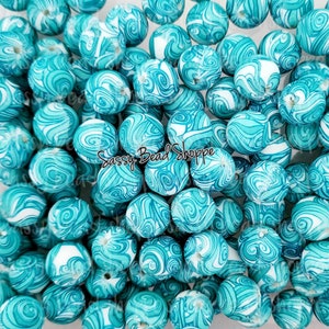 15mm Blue Aqua Swirl Silicone Beads, Swirl Print Silicone Beads, Wholesale Silicone Beads, Round Loose Beads,