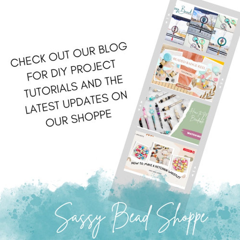 K&ouml;nnte beinhalten: Eine Collage von Bildern, die f&uuml;r den Blog und die Tutorials eines Perlenladens werben. Der Text lautet "Schauen Sie sich unseren Blog f&uuml;r DIY-Projekt-Tutorials und die neuesten Updates in unserem Shop an". Der Name des Ladens ist "Sassy Bead Shoppe".
