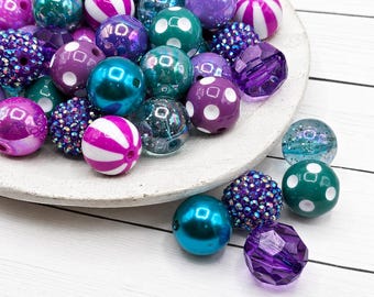 Mystical Mermaid 20mm Bubblegum Beads ~ Set of 24 , Bubble Gum Beads, Acrylic Beads, Bubblegum Bead Mix, Bulk Beads, Wholesale, Teal, Purple