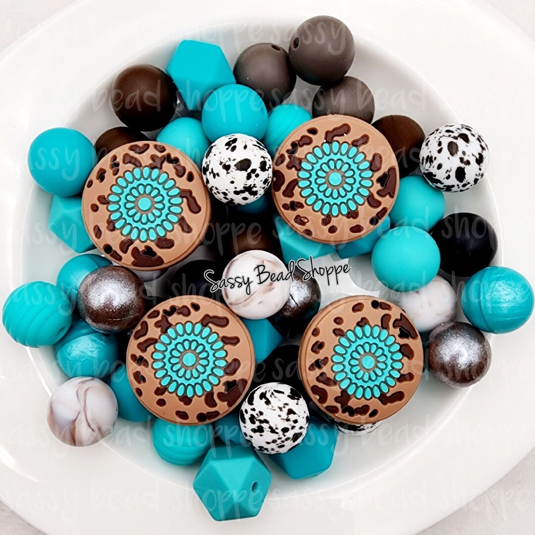 Let's Get Western Silicone Bead Mix, Set of 26, 2 Turquoise Gem Focal