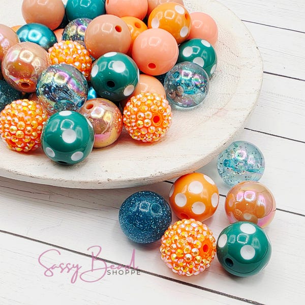 Island Dream 20mm Bubblegum Beads Set of 24, Bubble Gum Beads, Acrylic Beads, Bubblegum Bead Mix, Bulk Beads, Wholesale, Teal, Peach