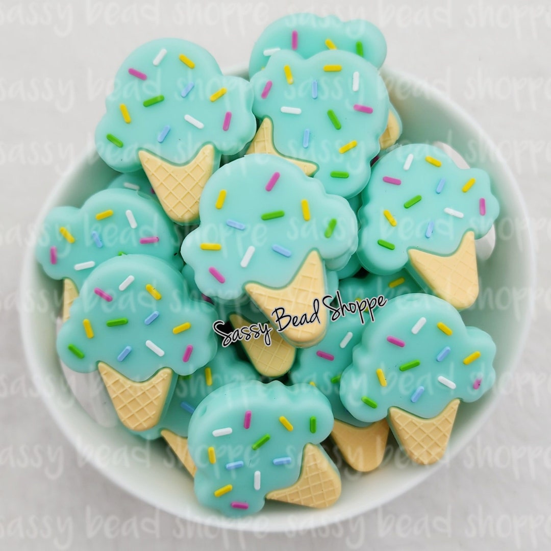 Mint Ice Cream Cone Silicone Beads, Ice Cream With Sprinkles Silicone